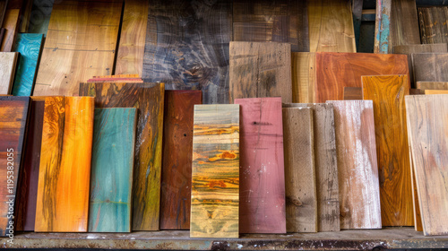 An array of exotic woods displayed in a workshop, vibrant grains and textures ready for crafting photo