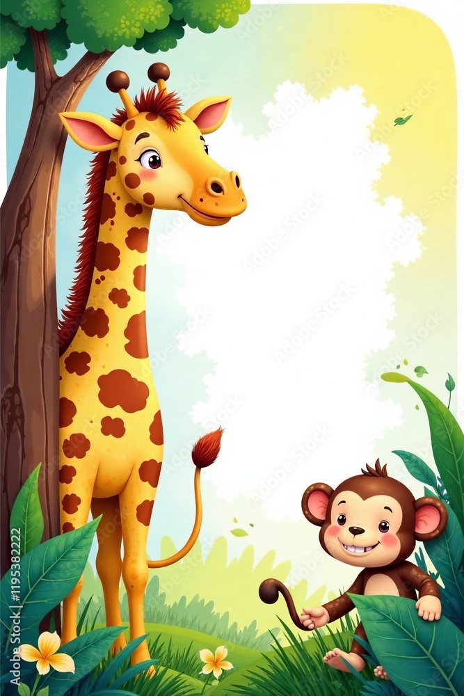 Obraz premium A playful cartoon scene featuring a giraffe and a monkey in a vibrant natural setting.