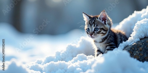 A playful kitten exploring the snowy landscape on a bright winter day. photo