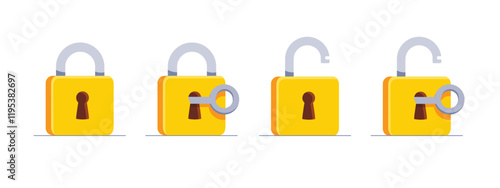 Set of Lock flat icon. Padlock unlocked and locked with the key. Lock closed and lock open. Symbol protection and secure. Vector illustration isolated on a white background.