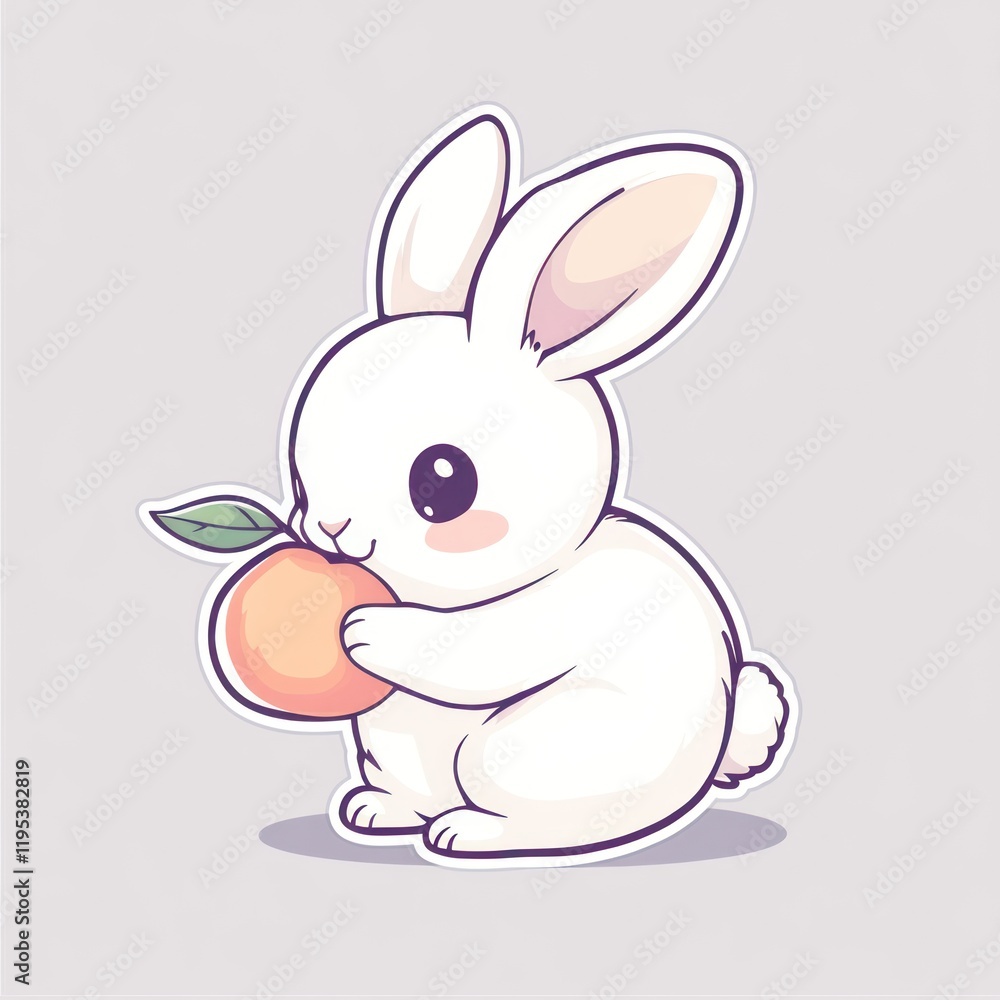Cute white bunny holding peach, digital art, plain background, children's book illustration Cute white bunny holding peach, digital art, plain background, children's book illustration