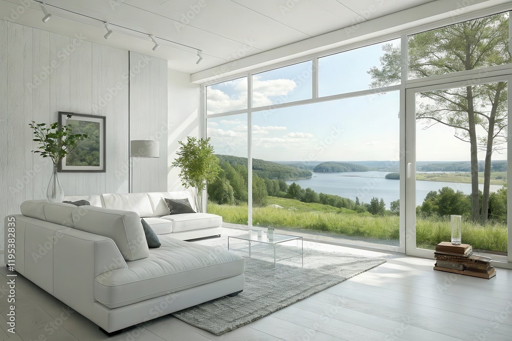 Fototapeta premium Modern minimalist living room design featuring a white sectional sofa and expansive windows offering breathtaking lake and nature views.