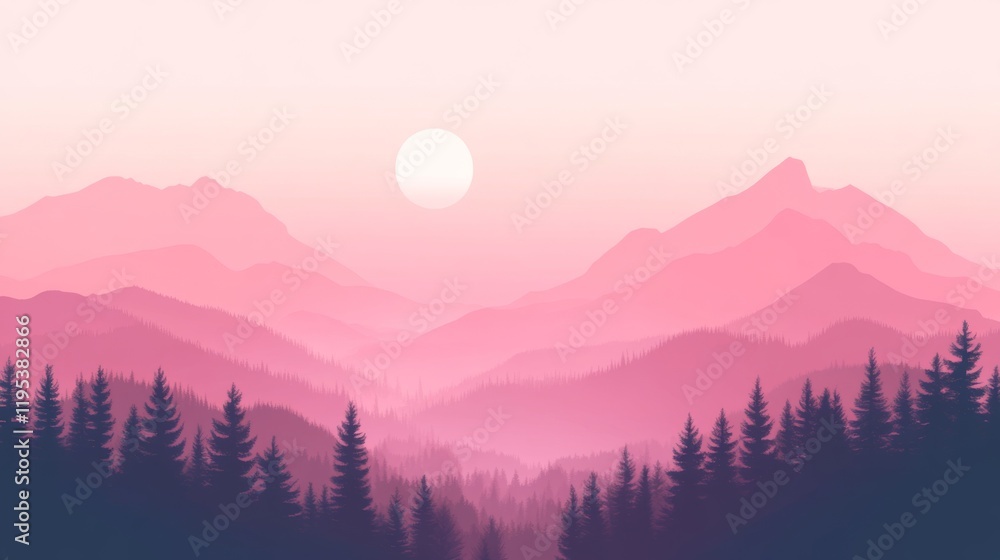 Fototapeta premium Pink Mountain Sunset Landscape with Misty Forest