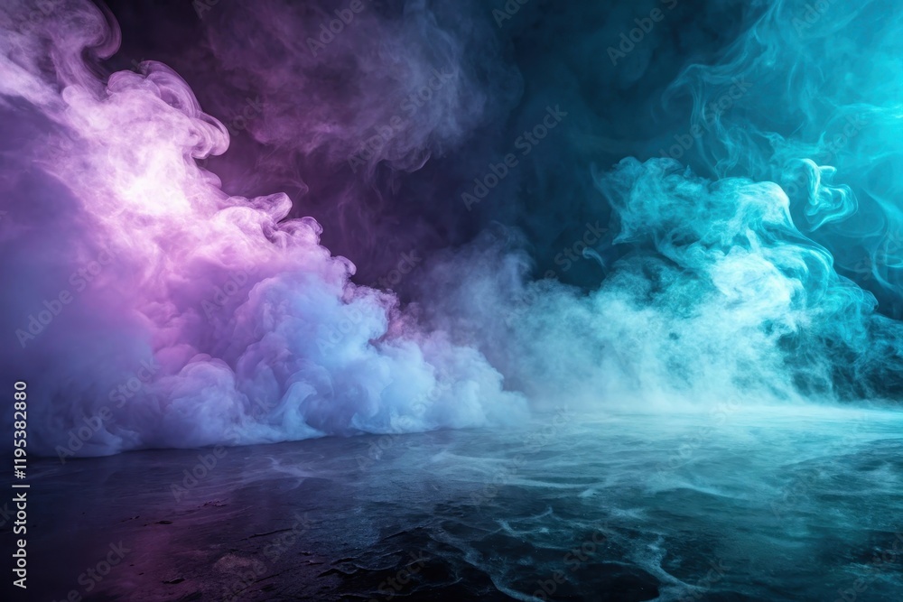 Abstract ethereal scene with vibrant purple and teal smoke clouds swirling over a dark surface Abstract ethereal scene with vibrant purple and teal smoke clouds swirling over a dark surface