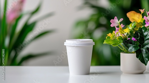 Wallpaper Mural White Coffee Cup on Table with Blooming Plants Torontodigital.ca