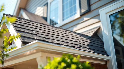 Close-up view of a house's roof showing the dark gray shingles, white gutters, and part of the house's exterior. The image is perfect for real estate, construction, and home improvement websites.