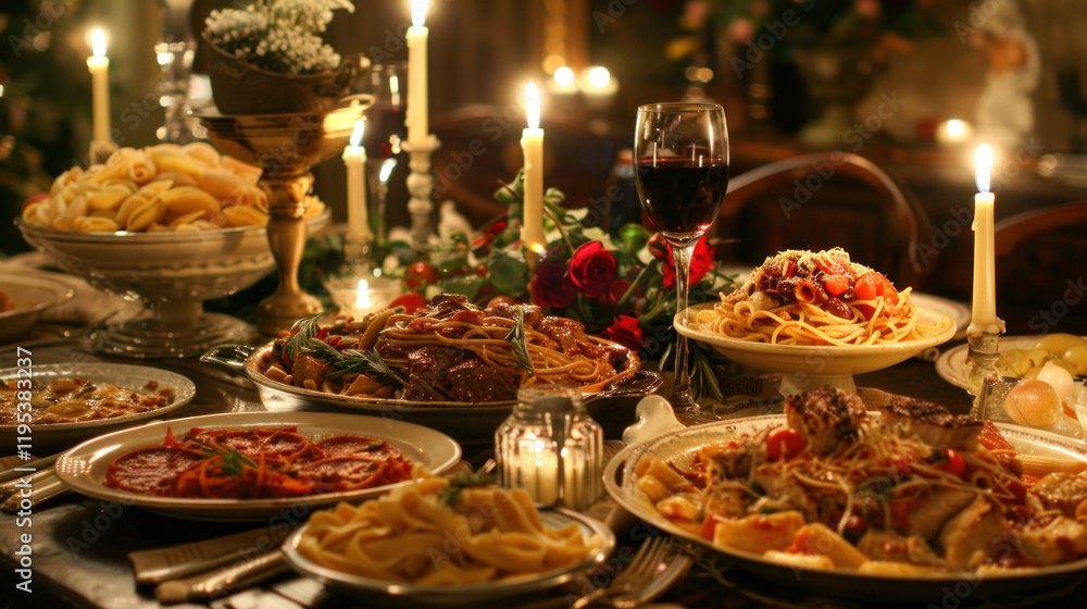 An elegant Italian dinner table with multiple pasta dishes, wine, and candlelight An elegant Italian dinner table with multiple pasta dishes, wine, and candlelight