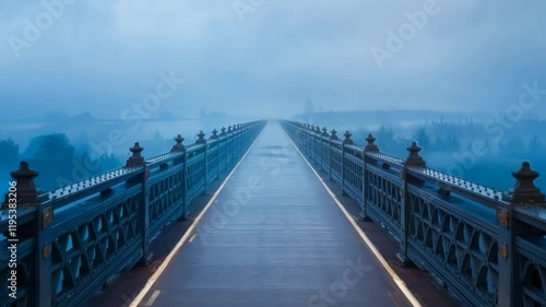 A bridge extends endlessly into the distance, with a blue mist-filled abyss below. A soft, faint light lines the path along the bridge.