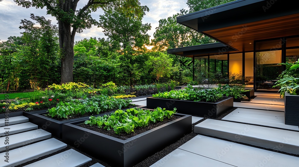 Fototapeta premium Minimalist vegetable garden with geometric raised beds, clean lines, and modern aesthetic