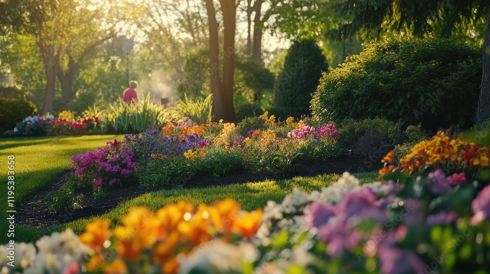 Obraz premium Serene garden setting with a gardener tending to vibrant flowers during golden hour