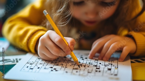 Young Child Solving A Crossword Puzzle With Pencil