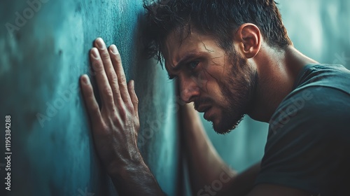 A man standing with one hand pressed against a wall, veins prominent on his forearm, his face turned away but radiating tension and frustration photo