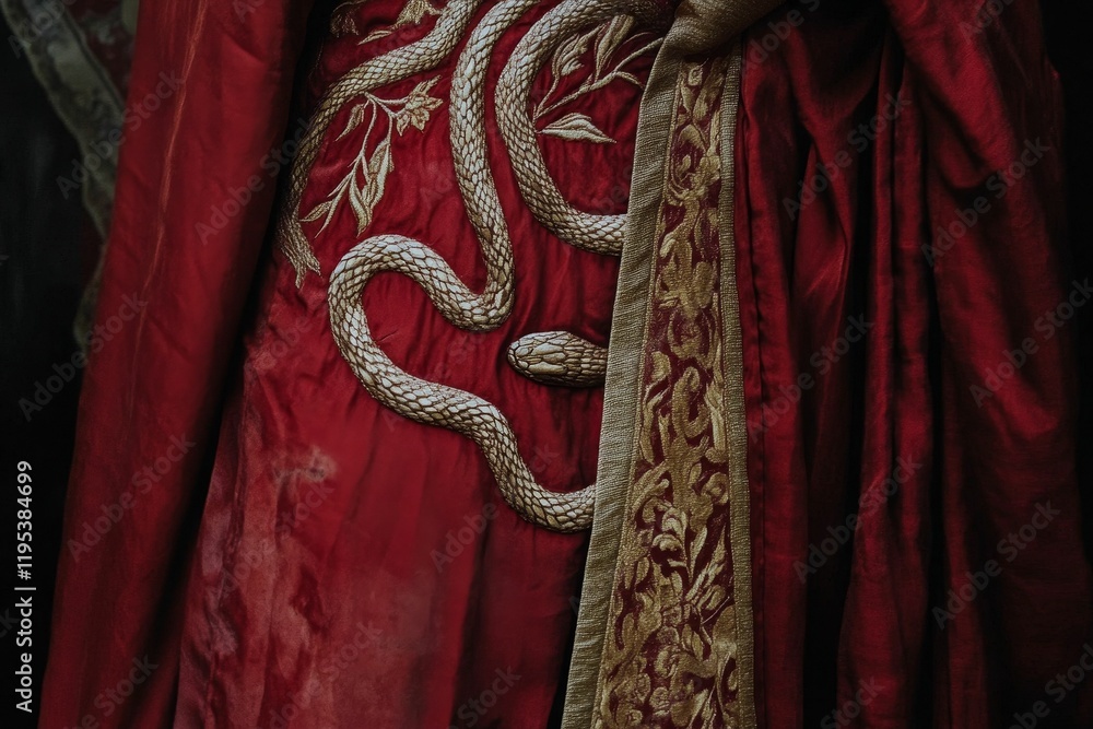 Fototapeta premium Red fabric, gold embroidery, serpentine design.