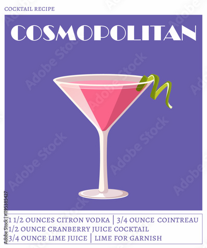 Cosmopolitan cocktail on the violet background. Vector illustration of classical alcoholic drink. Cocktail recipe poster