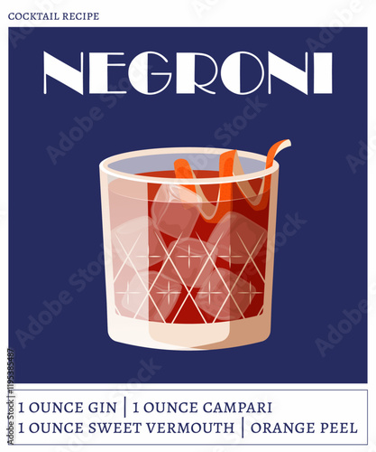 Negroni cocktail on the dark blue background. Vector illustration of classical alcoholic drink in rocks glass. Cocktail recipe poster
