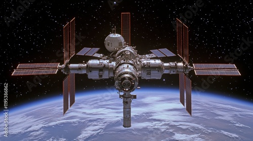 Fototapeta Naklejka Na Ścianę i Meble -  Mir Space Station Orbiting Earth Stunning View of Solar Panels Modules Cosmos