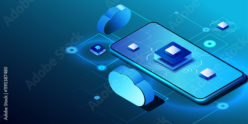 Cloud storage data transmission in isometric background. Downloading cloud application. Network secure technologies. Futuristic service center on phone. Digital space. Data computing system. Vector.