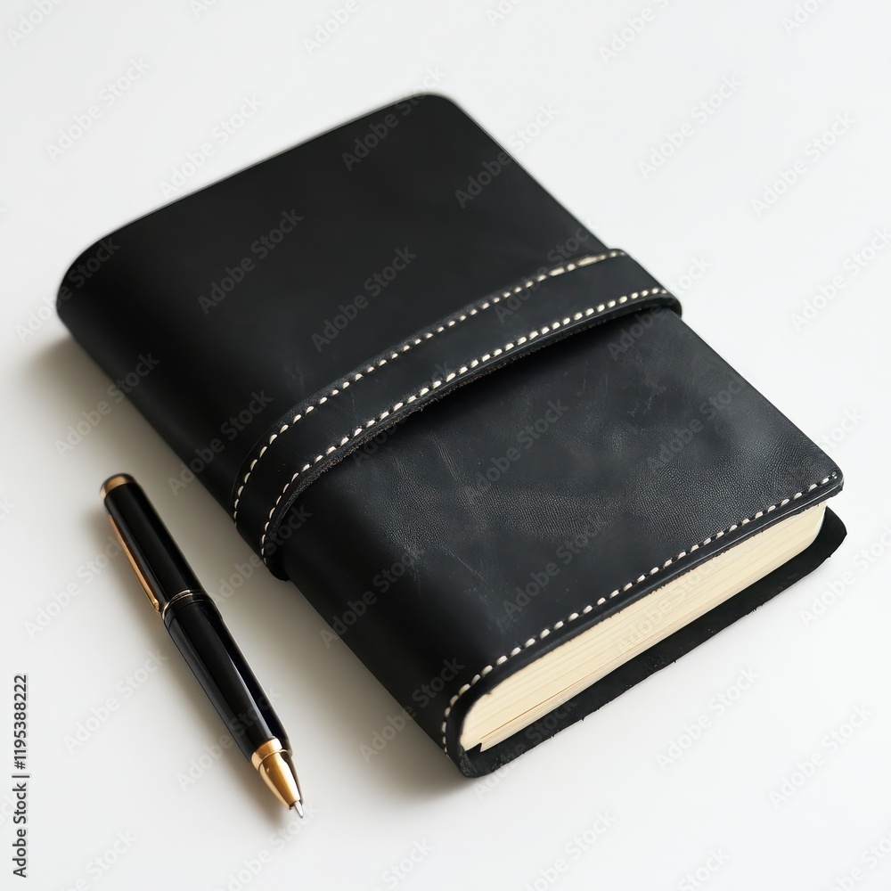 Elegant black leather journal with a sleek pen on a clean surface inviting creativity and reflection Elegant black leather journal with a sleek pen on a clean surface inviting creativity and reflection