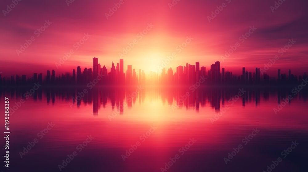 Silhouette of a city skyline reflected in calm water during a vibrant sunrise. The warm colors paint a beautiful, serene scene. Silhouette of a city skyline reflected in calm water during a vibrant sunrise. The warm colors paint a beautiful, serene scene.