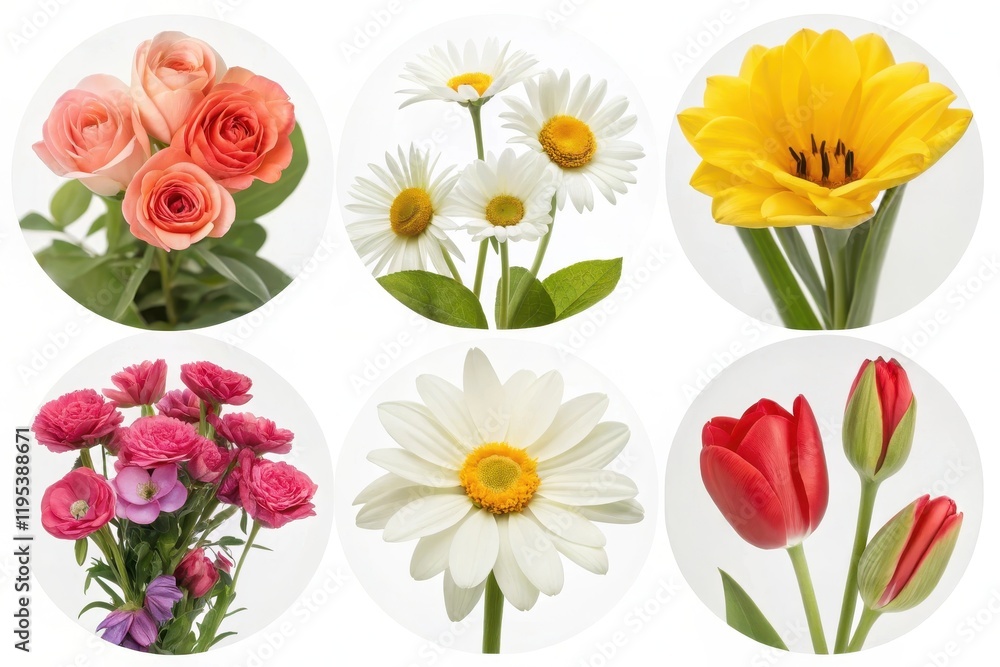 Naklejka premium A Colorful Collection of Six Different Blooming Flowers Roses, Daisies, and Tulips