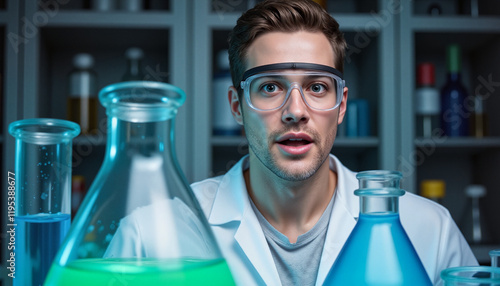 Surprised young man wearing lab goggles in a vibrant chemistry lab filled with colorful beakers photo