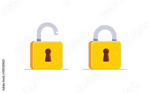 Lock and unlock flat icon. Padlock unlocked and locked. Lock closed and lock open. Symbol protection and secure. Vector illustration.