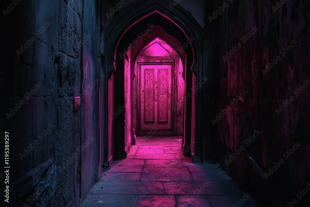 Obraz premium Pink-lit hallway, arched doorway, old stone walls, door.