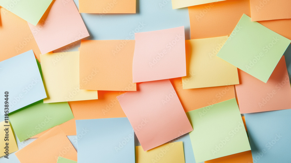 Colorful sticky notes scattered on blue background create vibrant workspace Colorful sticky notes scattered on blue background create vibrant workspace