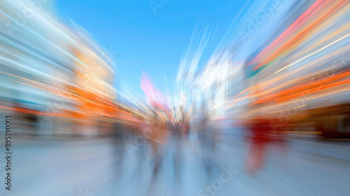 Fototapeta Naklejka Na Ścianę i Meble -  Blurred city street scene with vibrant lights and people walking