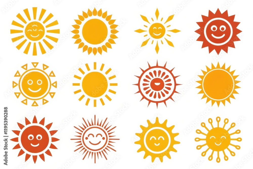 A Collection of Twelve Cheerful Sun Icons Featuring Varying Styles and Expressions A Collection of Twelve Cheerful Sun Icons Featuring Varying Styles and Expressions