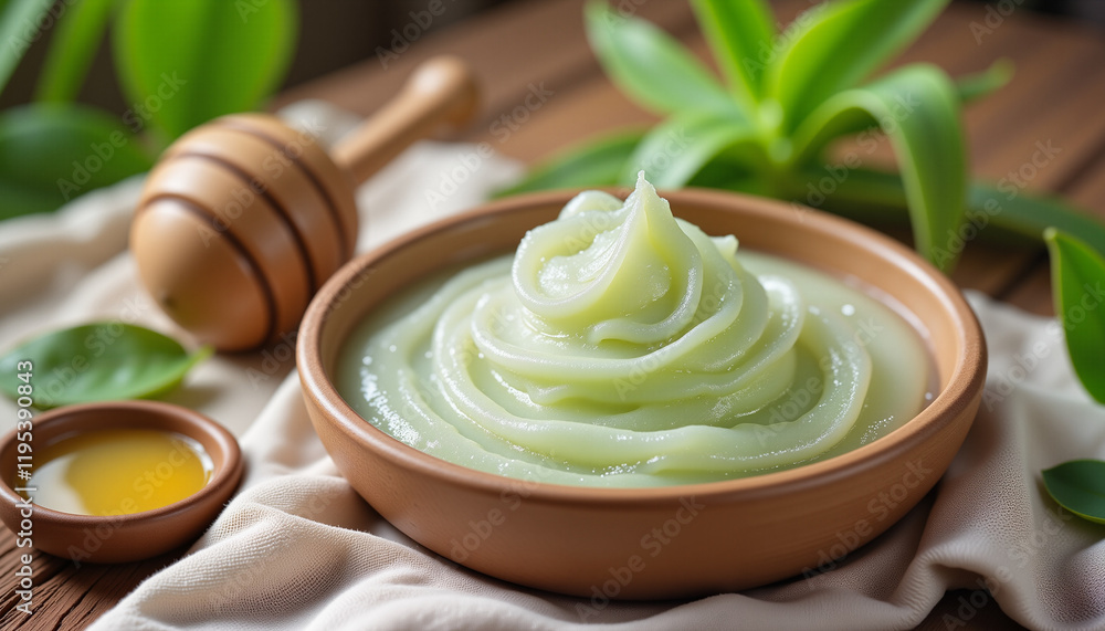 Hydrating face mask in ceramic bowl surrounded by aloe vera and honey, peaceful natural skincare composition Hydrating face mask in ceramic bowl surrounded by aloe vera and honey, peaceful natural skincare composition