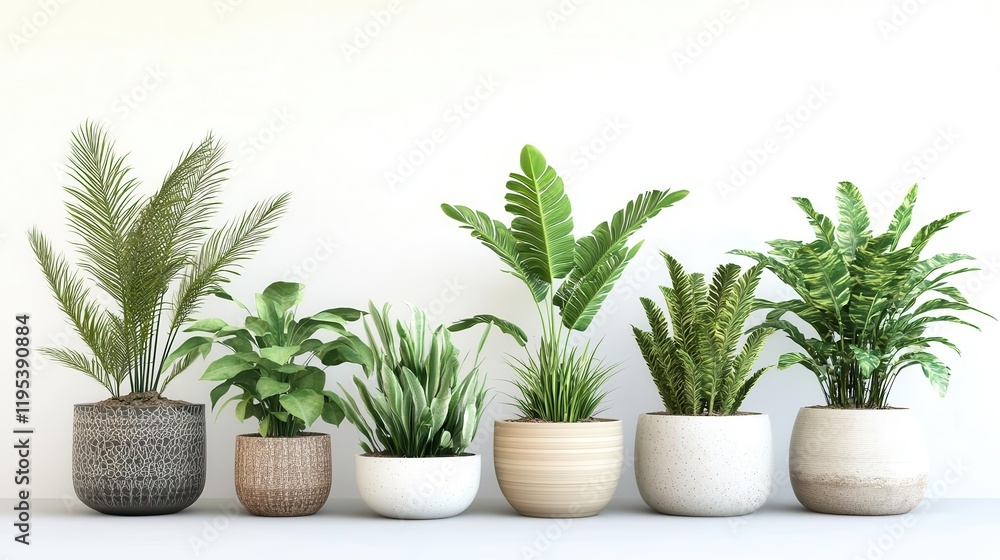 3d rendered image of beautiful plants in various ceramic pots, elegantly arranged against a clean white background, showcasing modern interior decor and natural beauty 3d rendered image of beautiful plants in various ceramic pots, elegantly arranged against a clean white background, showcasing modern interior decor and natural beauty