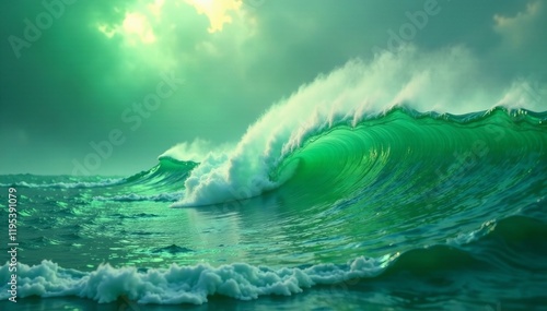 Wallpaper Mural A stunning view of powerful waves crashing in a vibrant green ocean under dramatic skies. Torontodigital.ca