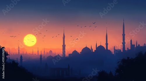 Silhouette of a city with several domes and towers during a sunset with birds flying photo