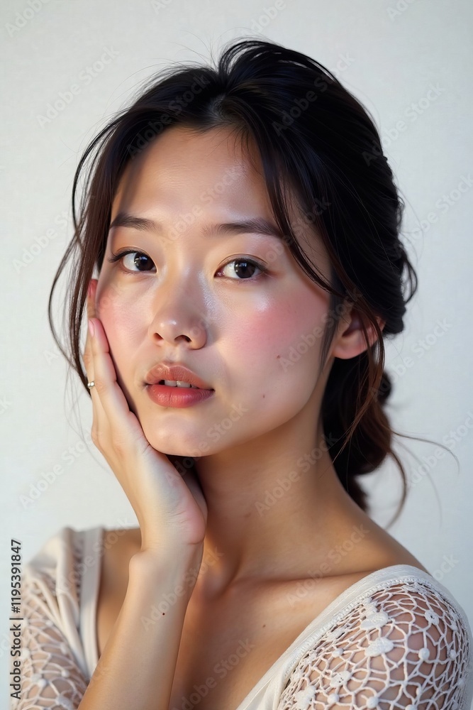 A thoughtful woman gently touching her face with a serene expression. A thoughtful woman gently touching her face with a serene expression.
