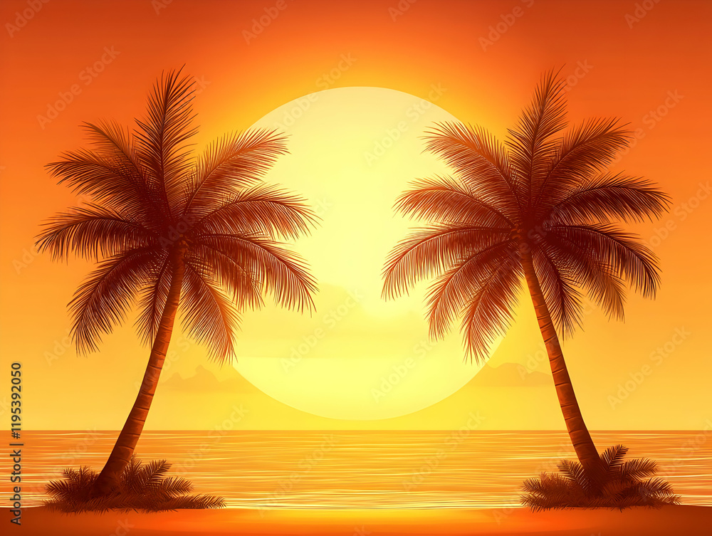 Sunset Beach Illustration: Palm Trees, Ocean Sunset Beach Illustration: Palm Trees, Ocean