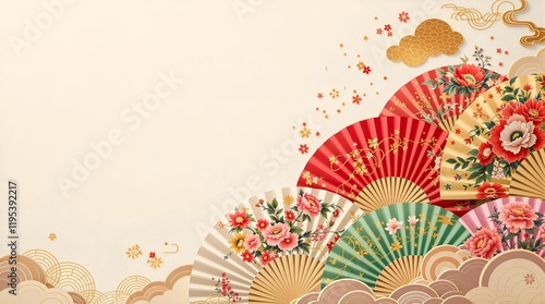 Traditional Japanese Style Wallpaper Design Featuring Clouds, Swirling Patterns in Warm Tones for Serene Interior Design.