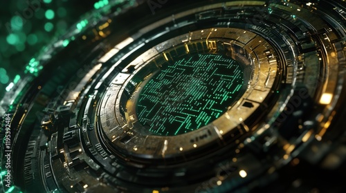 A closeup shot of a tingedge digital lock with a matte finish framed by a halo of green circuitry and binary sequences enveloping it in a protective aura of data encryption. photo