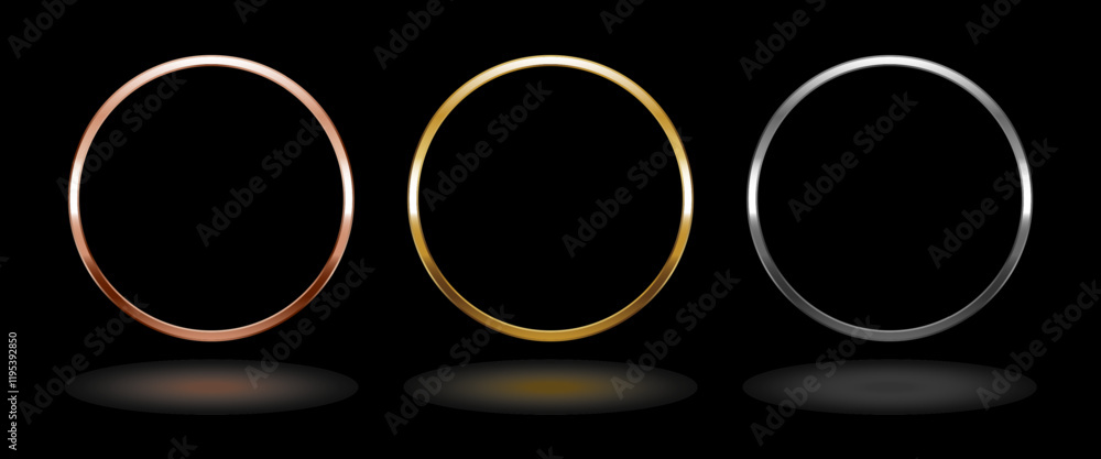Shiny metal circle frame. Isolated luxury pink gold, gold and silver round border on black background. Set of glossy geometric frame mockup design element. 3d Vector illustration.