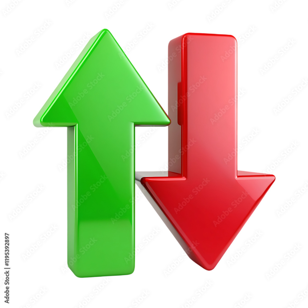Shiny Green Up Arrow Red Down Arrow 3D Graphic icon sign data stock trend chart design Shiny Green Up Arrow Red Down Arrow 3D Graphic icon sign data stock trend chart design