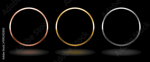 Shiny metal circle frame. Isolated luxury pink gold, gold and silver round border on black background. Set of glossy geometric frame mockup design element. 3d Vector illustration.