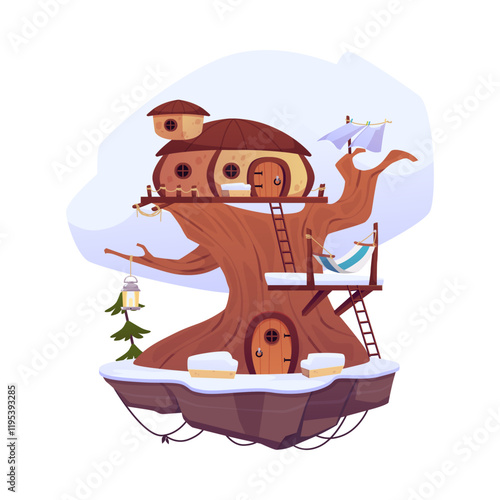 Game island with huts, vector cartoon cute winter fairy tale village houses with ladder, lantern, hammock on tree trunk