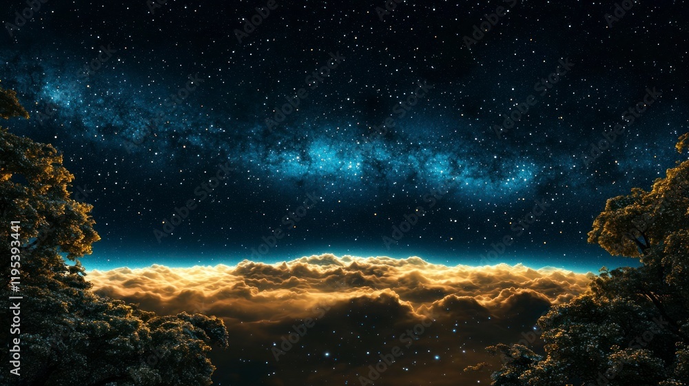 Obraz premium Majestic Night Sky Starry Galaxy Cloudscape Trees Silhouette