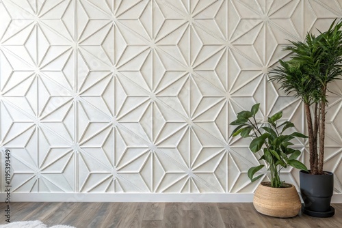 Elegant White Geometric Wall Paneling with Indoor Plants