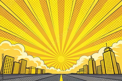 A Vibrant Sunburst Comic Book Style Cityscape Background Featuring a Road Leading to the Horizon