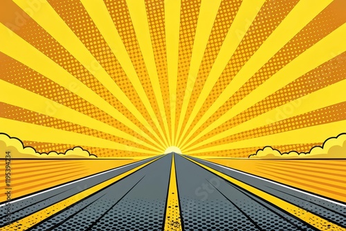 A sunburst road to adventure, a journey on an open highway under a bright, vibrant sky