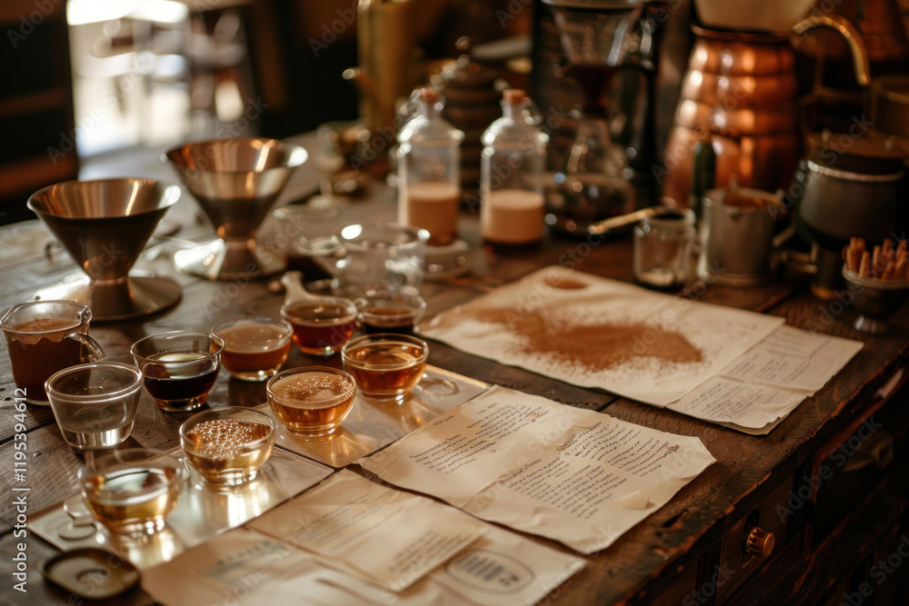 A coffee tasting setup with multiple brews, tasting notes, and a cozy cafe background A coffee tasting setup with multiple brews, tasting notes, and a cozy cafe background