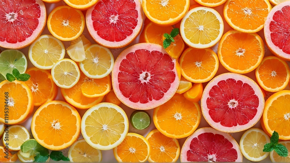 many citrus fruits, such as grapefruit, lemons, and oranges, cut in half fruit background many citrus fruits, such as grapefruit, lemons, and oranges, cut in half fruit background