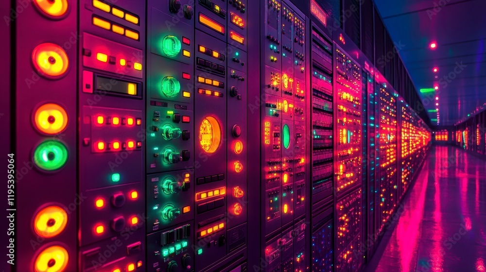 Obraz premium Futuristic Data Center Server Room with Illuminated Panels and Controls