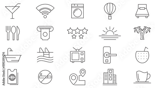 Resort Hotel line icon set. passport, suitcase, airplane, hotel, map, globe, compass, backpack, hotel building, room key, check-in counter, reception line icon set. Ui thin line icon pack.
